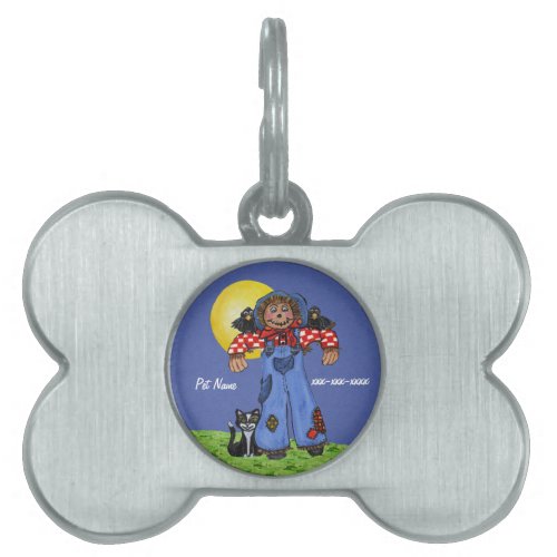 Scarecrow in blue Jeans Cat Crows Yellow Moon Pet Name Tag