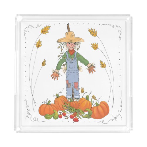 Scarecrow in Pumpkin Patch Fall Harvest Fun Sketch Acrylic Tray