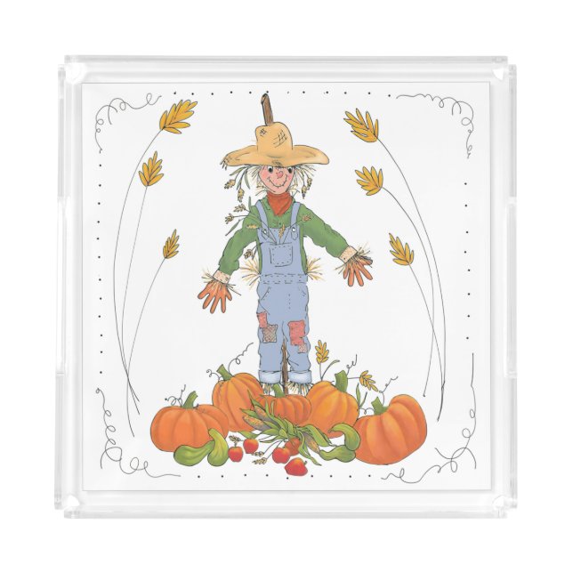 Scarecrow in Pumpkin Patch Fall Harvest Fun Sketch Acrylic Tray (Front)