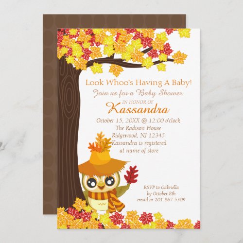 Scarecrow Owl In Fall Leaves Baby Shower Card