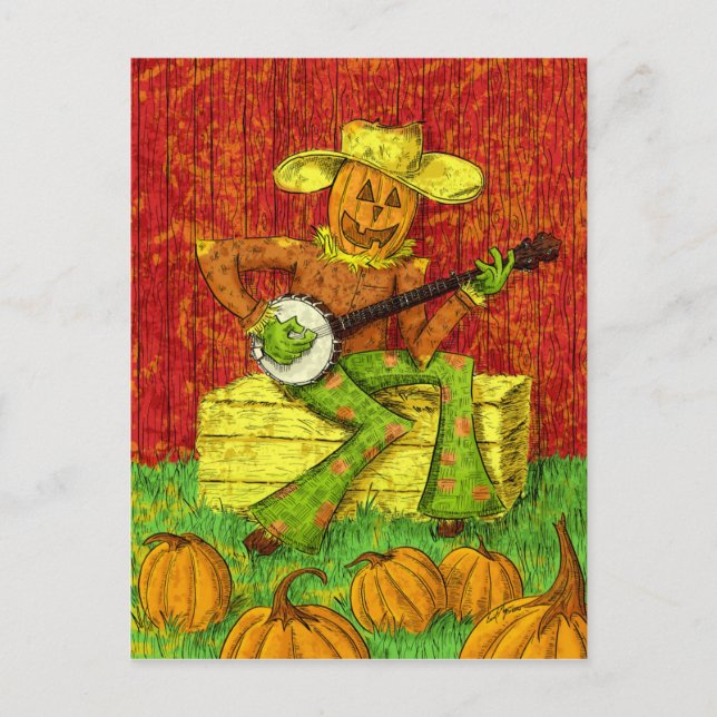 Scarecrow playing the banjo painting postcard (Front)