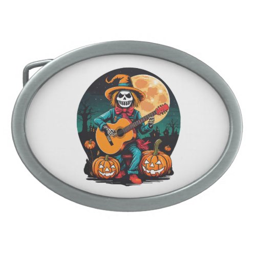 scarecrow plays guitar and celebrates halloween belt buckle