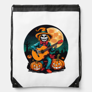 scarecrow plays guitar and celebrates halloween drawstring bag