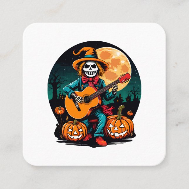 scarecrow plays guitar and celebrates halloween square business card (Front)