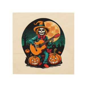 scarecrow plays guitar and celebrates halloween wood wall art