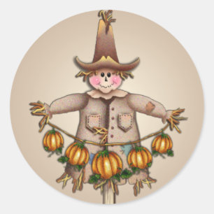 SCARECROW & PUMPKIN GARLAND by SHARON SHARPE Classic Round Sticker