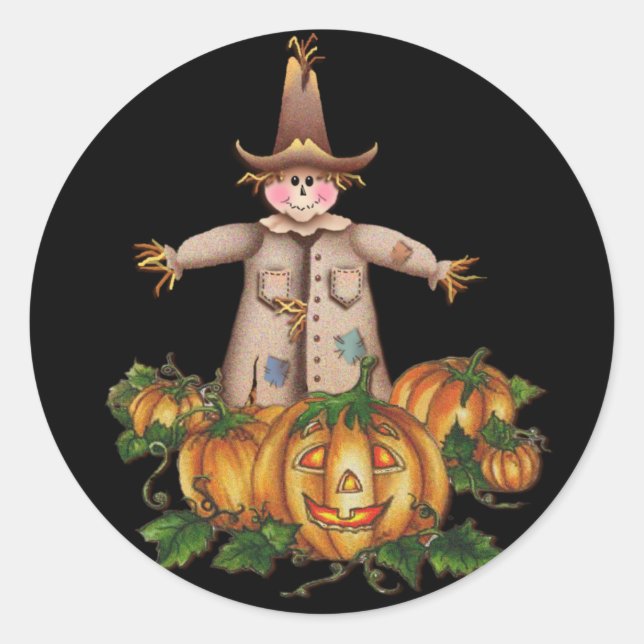 SCARECROW & PUMPKIN PATCH by SHARON SHARPE Classic Round Sticker (Front)