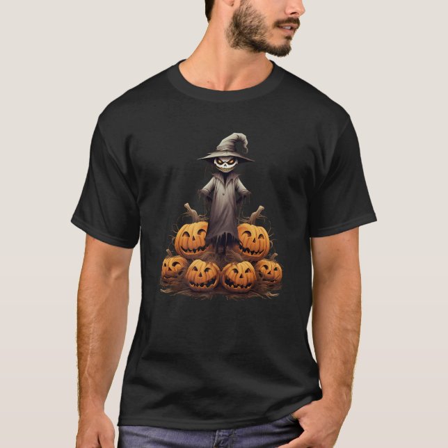 Scarecrow Pumpkin Patch Full Moon Halloween Spooky T-Shirt (Front)