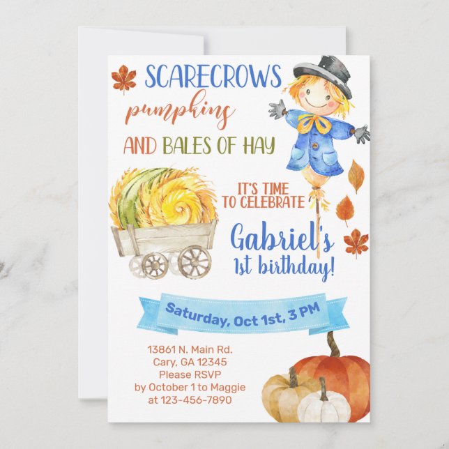 Scarecrow pumpkins bales of hay birthday invite. invitation (Front)
