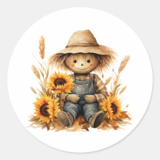 Scarecrow Sunflower Classic Round Sticker