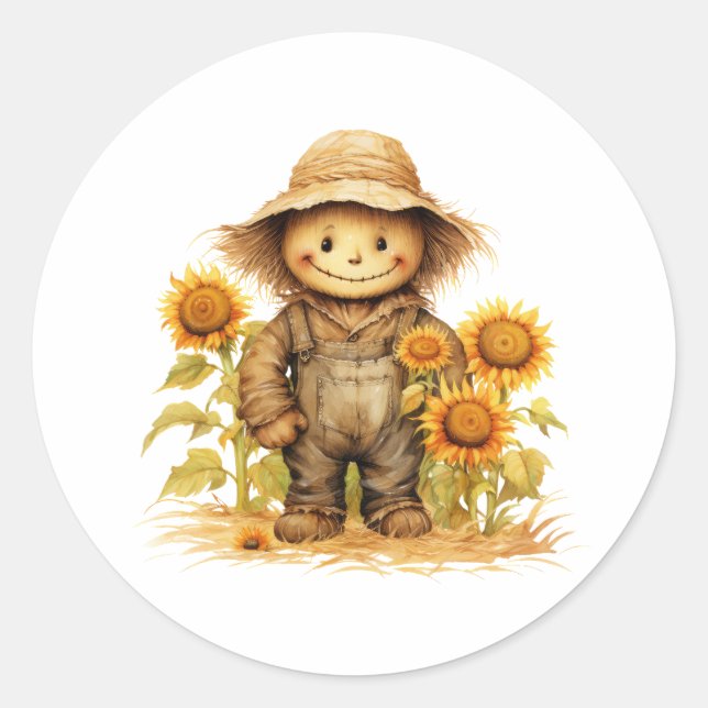 Scarecrow Sunflower  Classic Round Sticker (Front)
