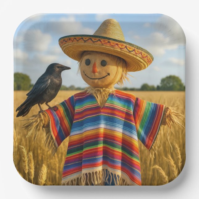 Scarecrow Wearing a Sombrero and Poncho Paper Plates (Front)