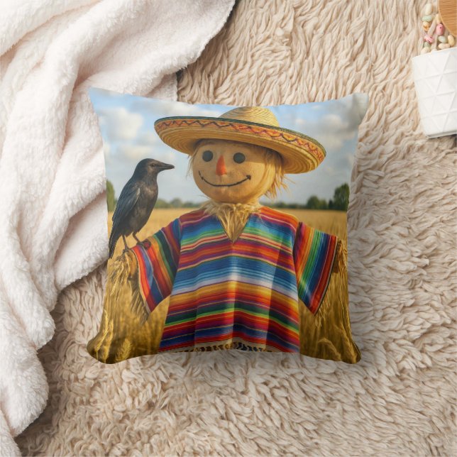 Scarecrow Wearing a Sombrero and Poncho Throw Pillow (Blanket)