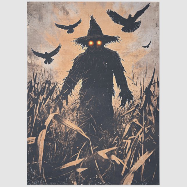 Scarecrow with Glowing Eyes in Cornfield Decoupage Tissue Paper (Front)