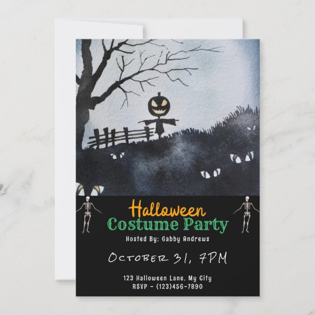 Scarecrow with Pumpkin Head Black Halloween Invitation (Front)