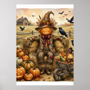 Scarecrow With Pumpkins And Crows Autumn Farm Flee Poster