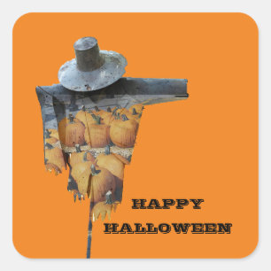 Scarecrow with pumpkins & witch hat on a stick square sticker