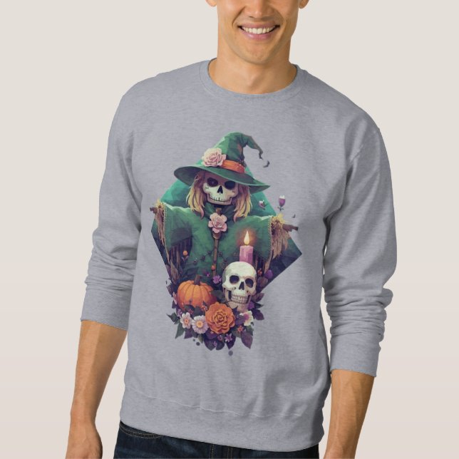 Scarecrow with skull pumpkin and flowers Pixel Art Sweatshirt (Front)