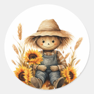 Scarecrow with Sunflower  Classic Round Sticker