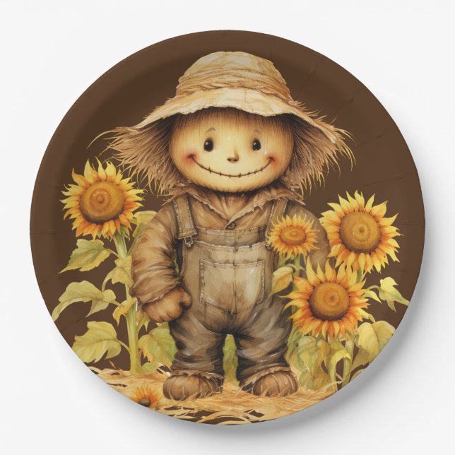 Scarecrow with Sunflower  Paper Plates (Front)