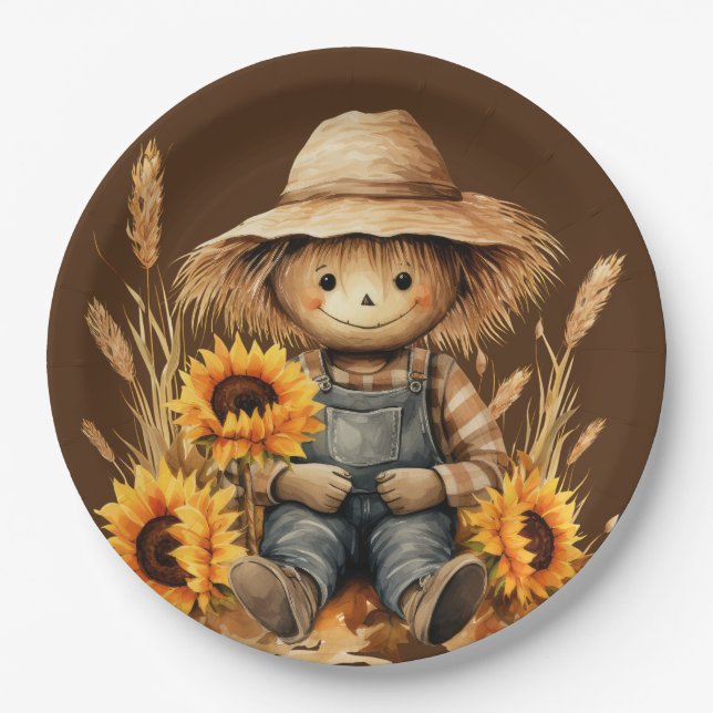 Scarecrow with Sunflower  Paper Plates (Front)