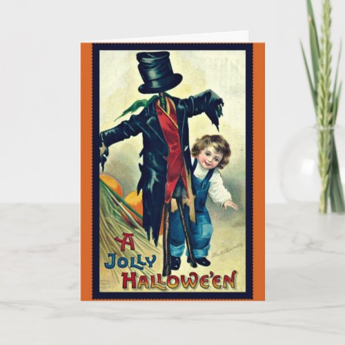 Scarecrow with Top Hat Vintage Halloween Card