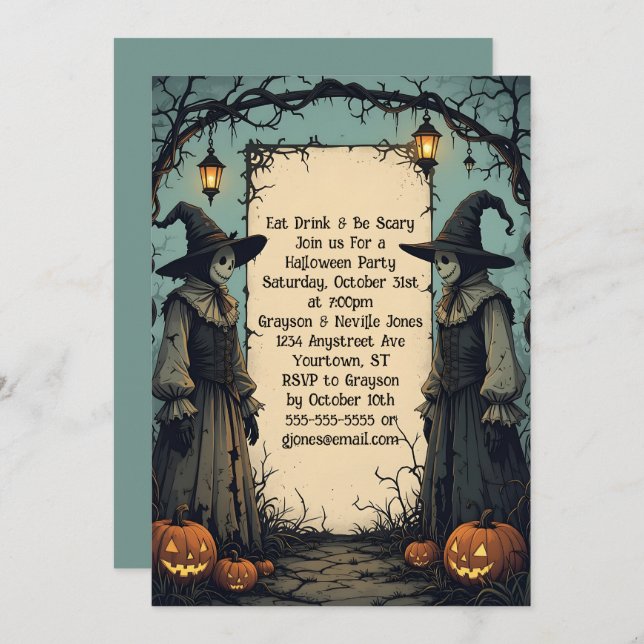 Scarecrows and Jack O'Lanterns Halloween Party Invitation (Front/Back)