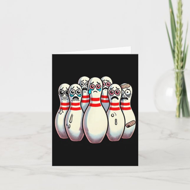 Scared Bowling Pins Cartoon Fun Bowler Humorous Me Card (Front)