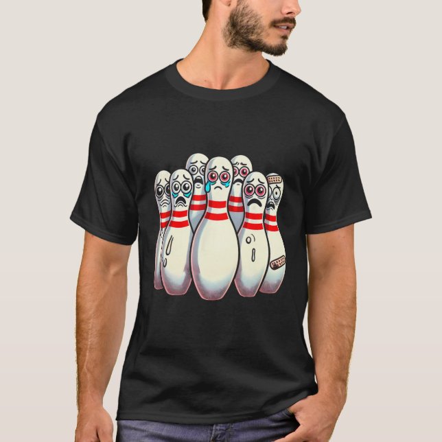 Scared Bowling Pins Cartoon Fun Bowler Humorous Me T-Shirt (Front)