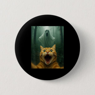 Scared Cat Selfie With Ghost _ Funny Halloween Cos Button