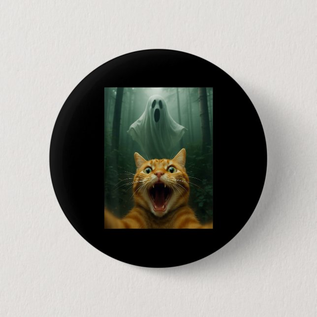 Scared Cat Selfie With Ghost _ Funny Halloween Cos Button (Front)