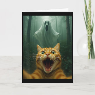 Scared Cat Selfie With Ghost _ Funny Halloween Cos Card