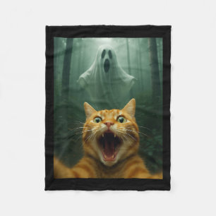 Scared Cat Selfie With Ghost _ Funny Halloween Cos Fleece Blanket