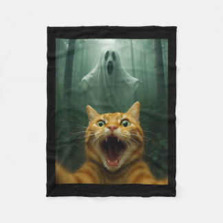 Scared Cat Selfie With Ghost _ Funny Halloween Cos Fleece Blanket