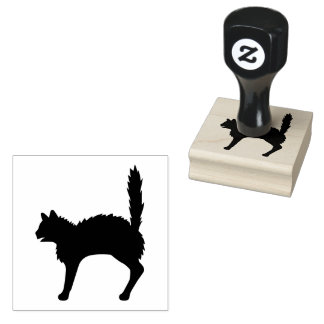 Scared Cat Silhouette With Curved Back And Tail Up Rubber Stamp