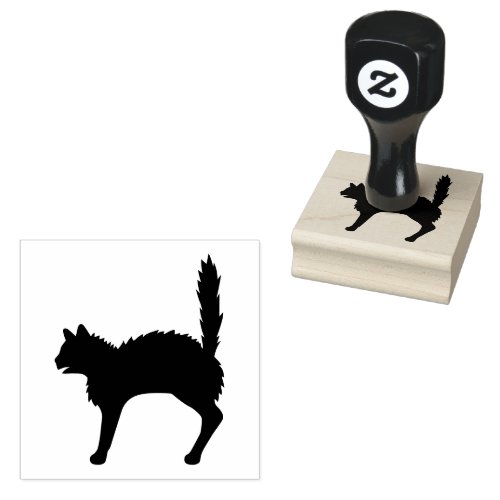 Scared Cat Silhouette With Curved Back And Tail Up Rubber Stamp
