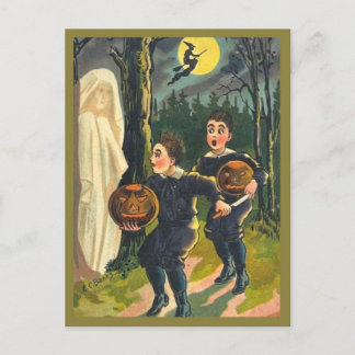 Scared Children & Ghost - Vintage Halloween Postcard