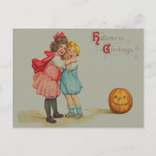 Scared Children Smiling Jack O Lantern Pumpkin Postcard