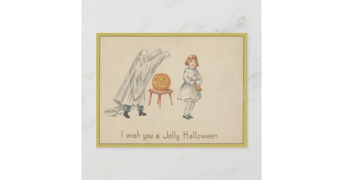 Scared Girl Ghost Costume Jack O Lantern Postcard | Zazzle