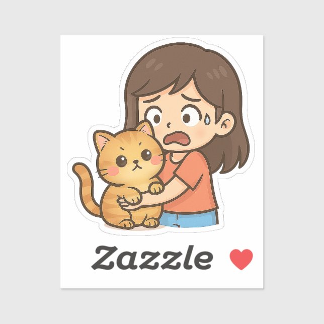 Scared Girl Hugging Her Cat Sticker (Sheet)