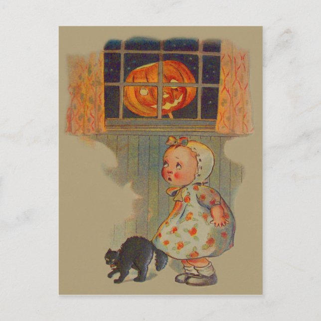 Scared Girl Jack O' Lantern Black Cat Prank Postcard (Front)