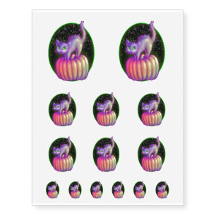 Scared Halloween Cat Standing On Pumpkin Temporary Tattoos