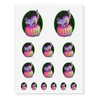 Scared Halloween Cat Standing On Pumpkin Temporary Tattoos