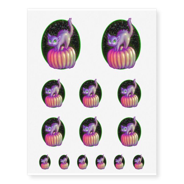 Scared Halloween Cat Standing On Pumpkin Temporary Tattoos (Front)