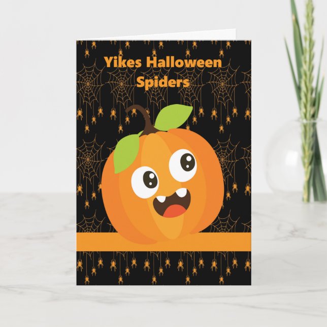 Scared Halloween Pumpkin with Spiders & Webs Card (Front)