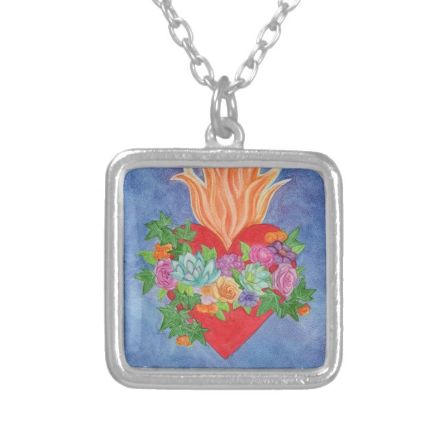 Scared Heart Floral Watercolor Silver Plated Necklace (Front)