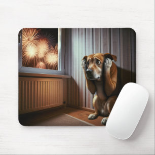 Scared Hound Dog With Fireworks Mouse Pad
