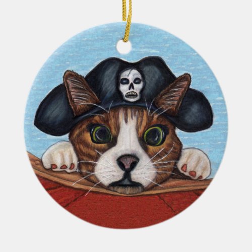 Scared Looking Cat in Black Pirate Hat Red Boat Ceramic Ornament