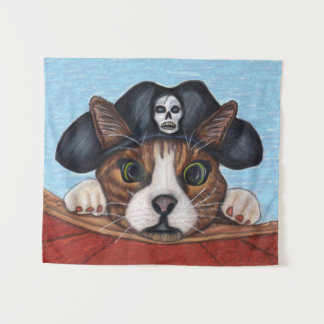 Scared Looking Cute Cat in Black Pirate Hat Boat Tapestry