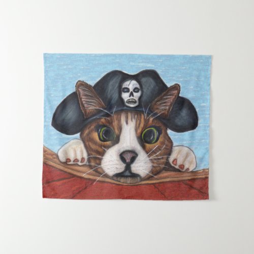 Scared Looking Cute Cat in Black Pirate Hat Boat Tapestry